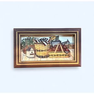 1998 Laurie Korsgaden Brown Red Framed FolkArt Picture Baskets Apples Wall Art